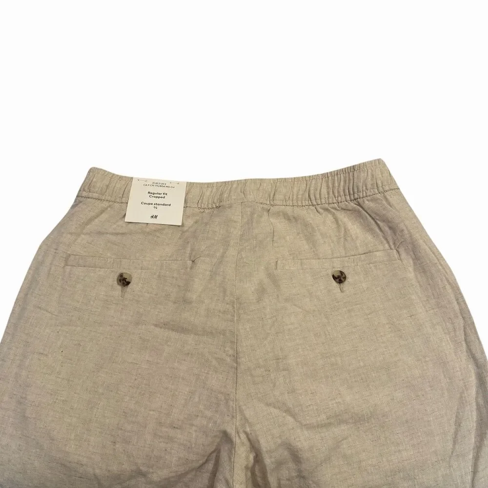 H&M Linen Blend Cropped Pants Womens Small Beige‎ Basic Flowy Coastal NWT